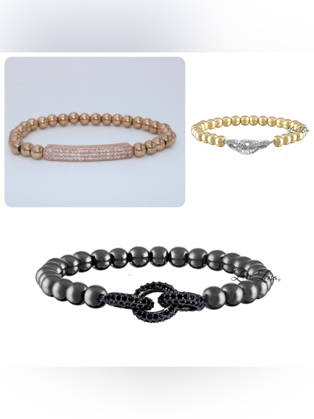 Three Beaded Knot and Diamond Bar Beaded Stretch Bracelets
